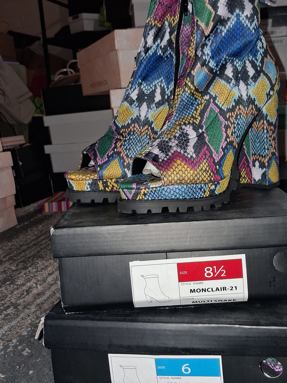Liliana Multicolor Snake-Print Peep-Toe Block Heel Booties - Picture 4 of 4